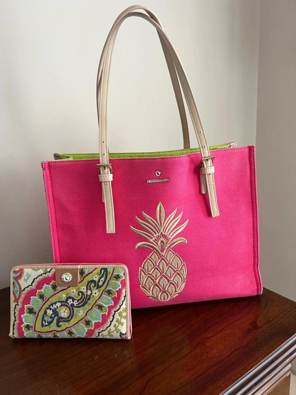 Spartina 449 Pink Pineapple Canvas Tote with Neutral Straps and Matching Wallet